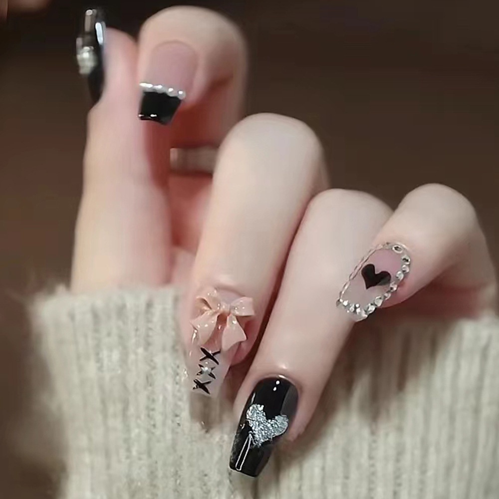 2478 hoa trà trắng bộ móng tay giả set móng giả trong suốt móng tay giả đính nơ móng tay giả dài vuông set 24 móng tay giả  móng giả thiết kế