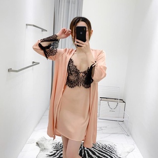 Set Đồ ngủ Lụa 2 dây kèm Áo choàng lụa Ren viền V