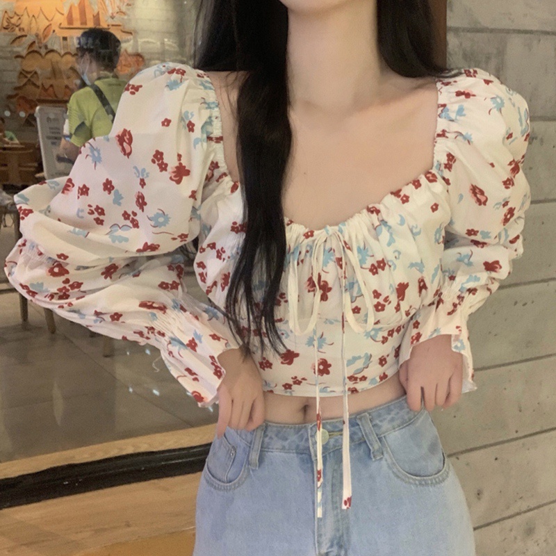 Áo kiểu tay dài cổ vuông in hoa xinh xắn phong cách thời trang Hàn Quốc