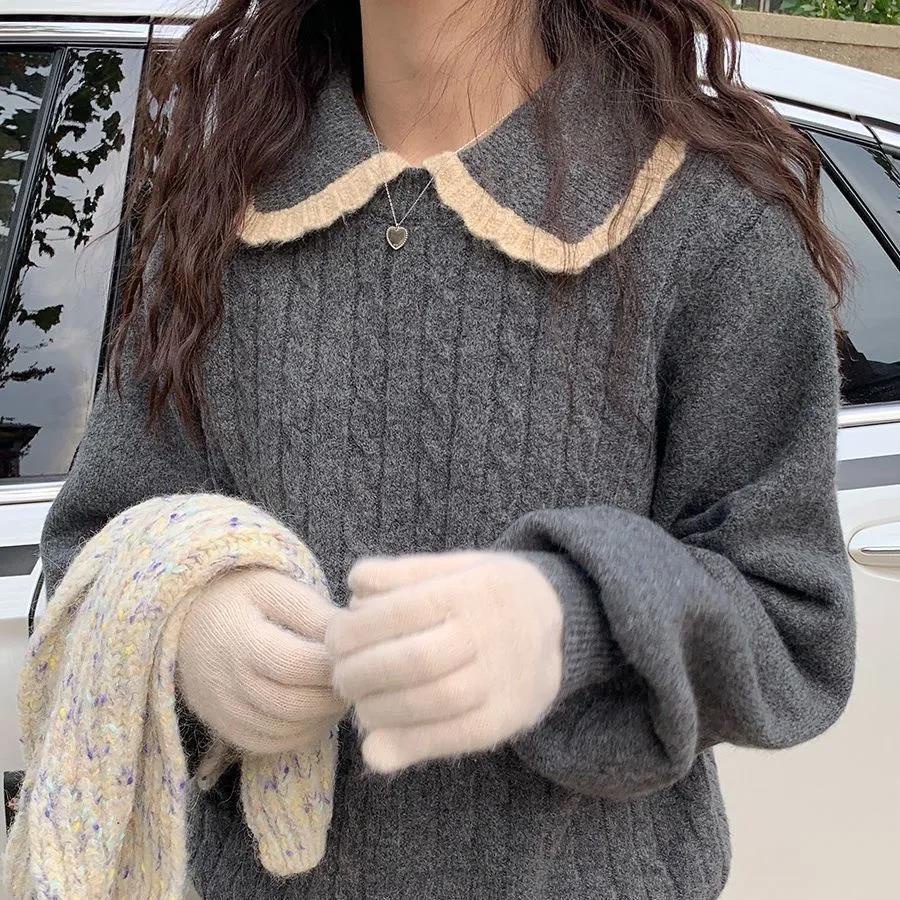 [Spot] Áo len cổ búp bê nữ dệt kim lỏng phong cách Hàn Quốc