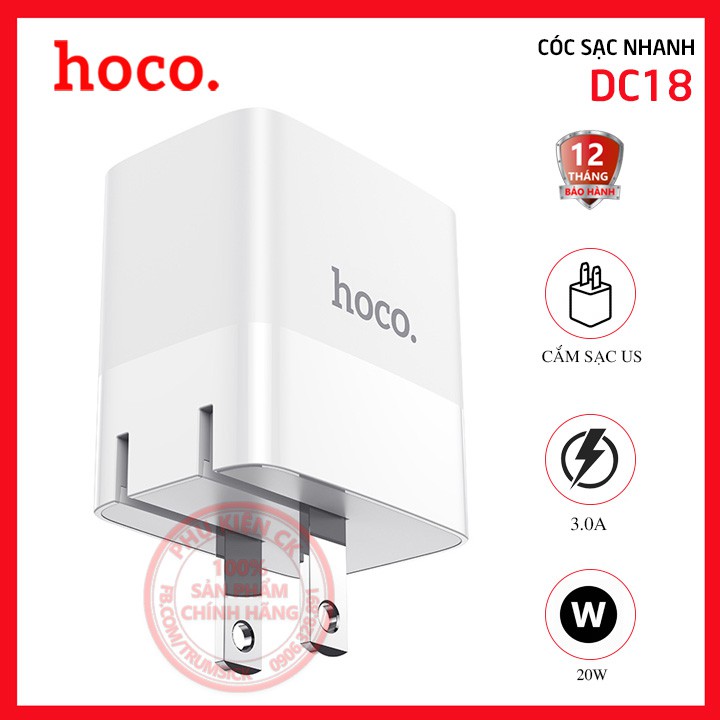 Cóc sạc nhanh Hoco DC18 cổng USB và cổng Type-C QC3.0 20W - Tương thích nhiều thiết bị