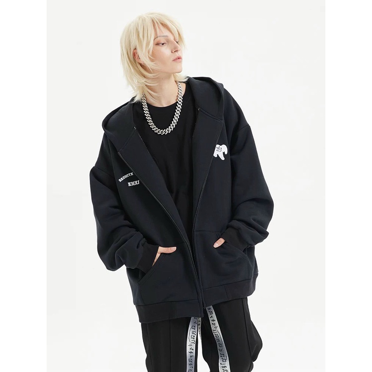 Áo khoác nỉ ngoại nam form rộng chuẩn unisex in logo cá tính hai màu trắng đen basic xu hướng hiện nay