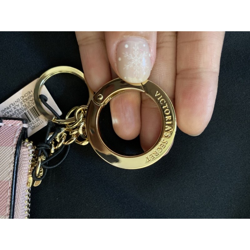 BILL US - Ảnh thật - Ví đựng thẻ và tiền Victoria Secret có móc khóa màu đen, sọc hồng, hồng đậm nhạt