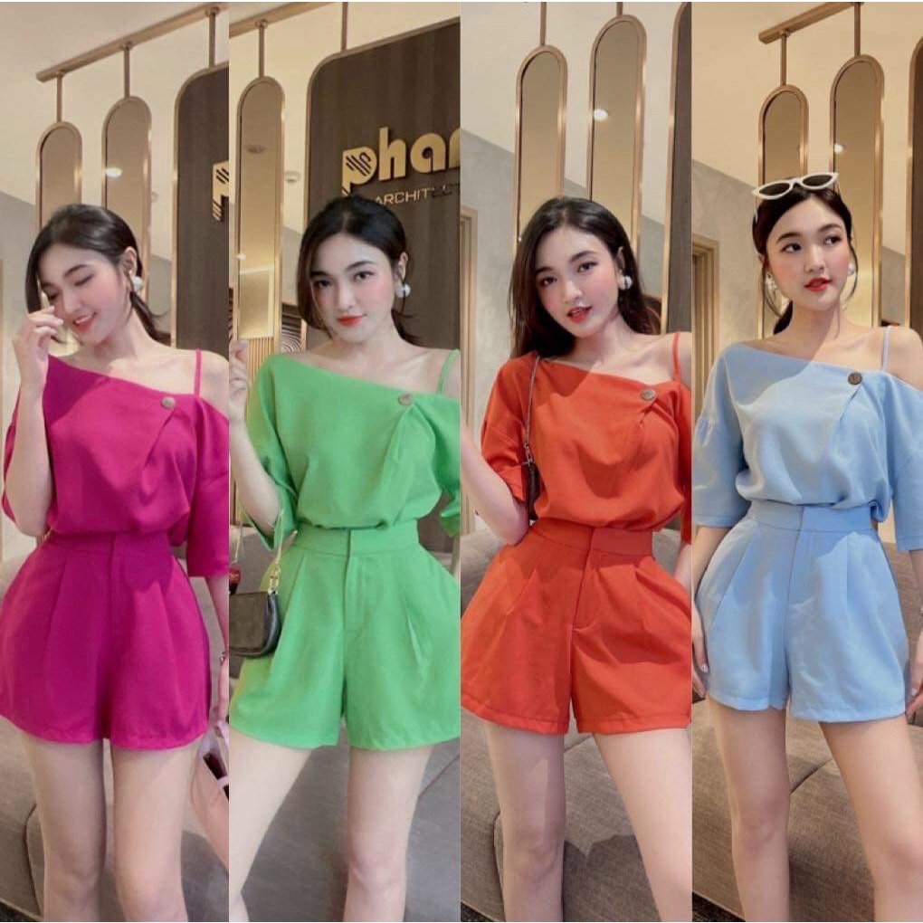 Set Bộ Đũi Lệch Vai Sexy - Áo Nữ Kiểu Kèm Quần Đùi - Chất Đũi Cao Cấp Mặc Thỏa Mái