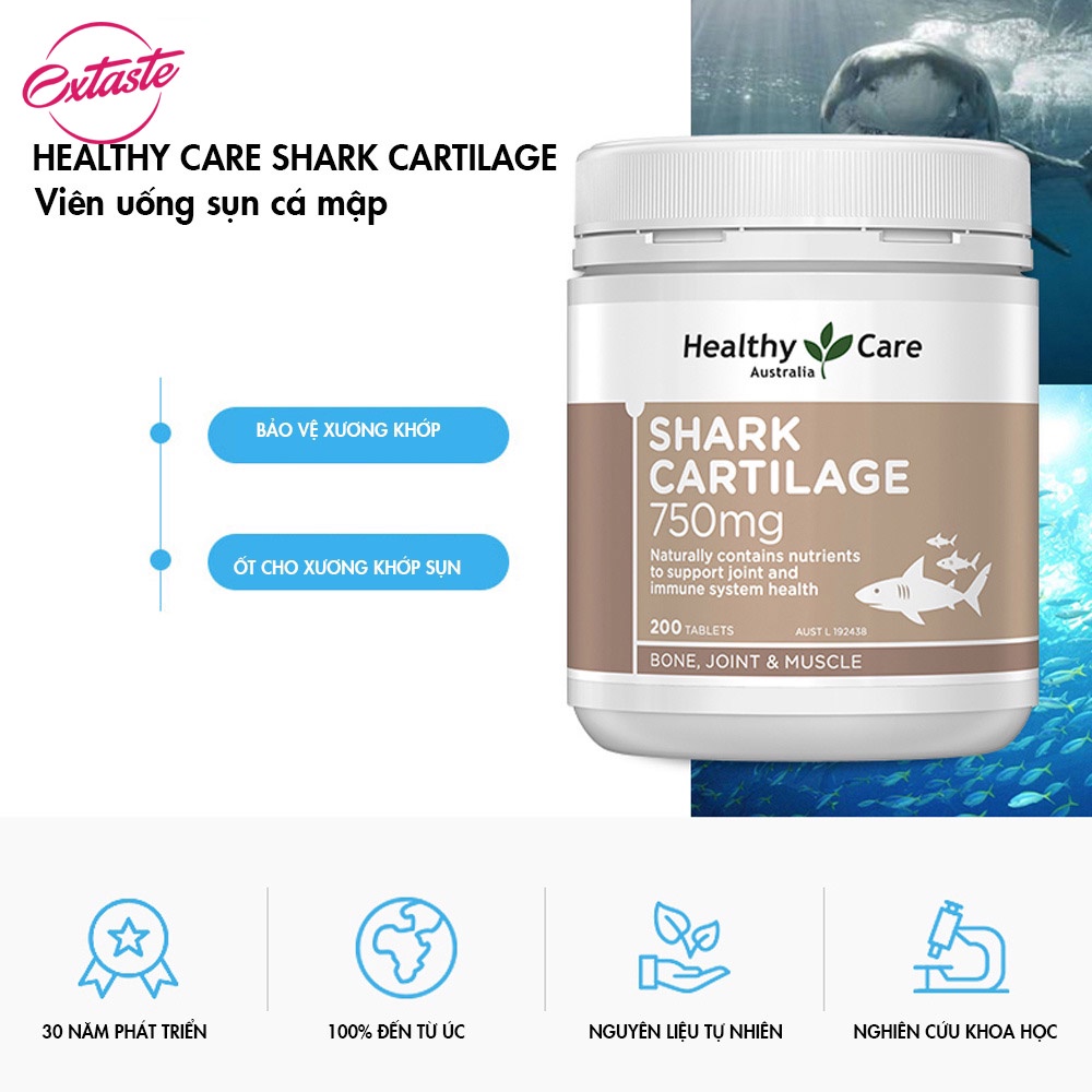 Sụn vi cá hỗ trợ xương khớp Healthy Care Shark Cartilage 750mg 200 viên