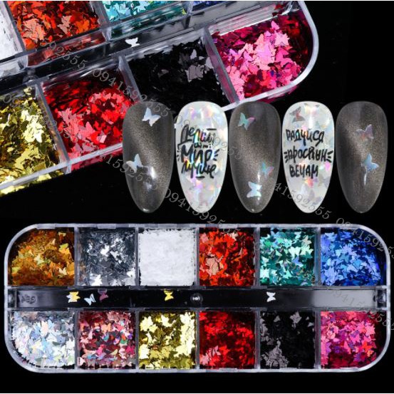 Khay 12 màu charm bướm trang trí móng