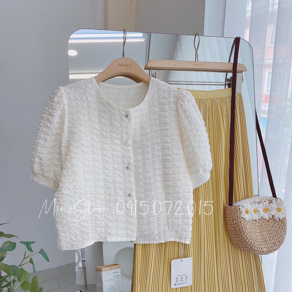 Áo Sơ Mi Công Sở Nữ MINZ STORE Mã 1050 Dáng Lửng, Thiết Kế Tay Bồng Phong Cách Hàn Quốc