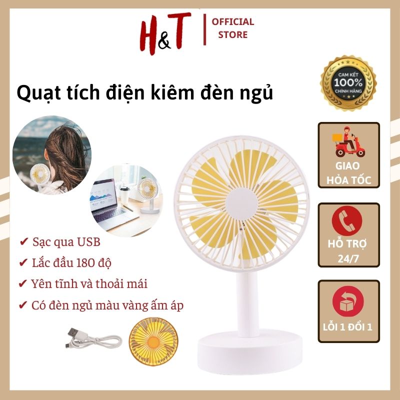 Quạt mini tích điện để bàn đa năng kiêm đèn ngủ tiếng ồn thấp, xoay 180 độ cổng sạc USB thích hợp cho dân văn phòng 6687