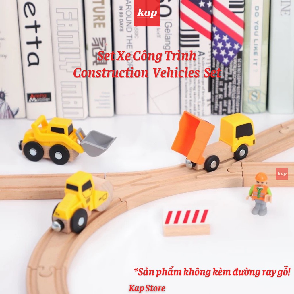 Set 3 xe đế gỗ xuất khẩu Châu Âu, xe nông trại, xe đua, xe cứu hộ, xe công trường