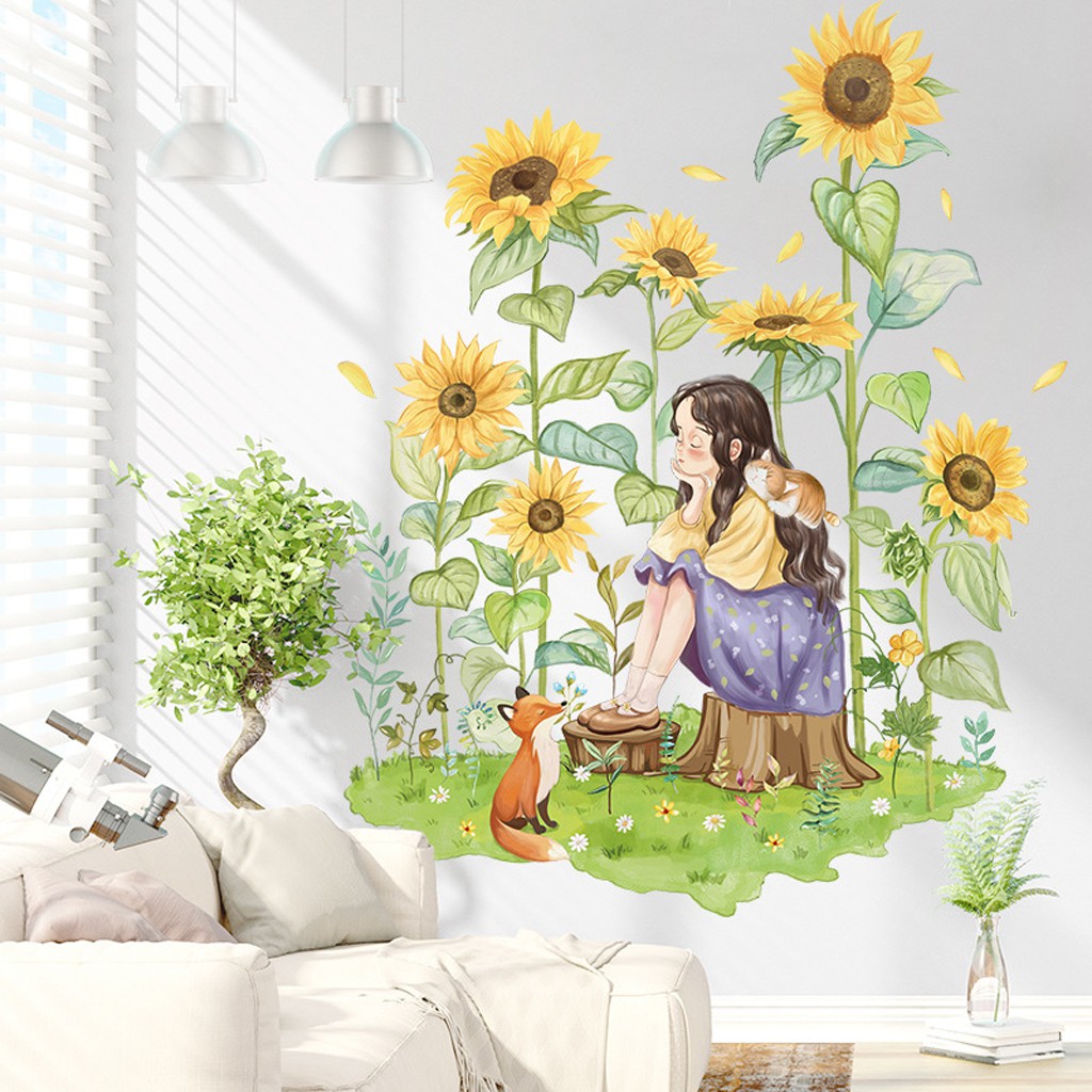 Decal dán tường phòng ngủ, phòng khách phong cách Hàn Quốc Mẫu Cô gái ngắm hoa C34