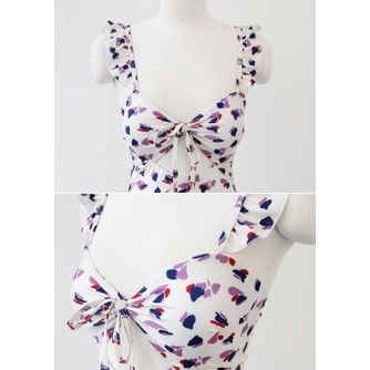 Bikini một mảnh Hàn Quốc, monokini trắng, đen hoạ tiết hoa nhí tay nhún bèo cột nơ ngực siêu nữ tính mới