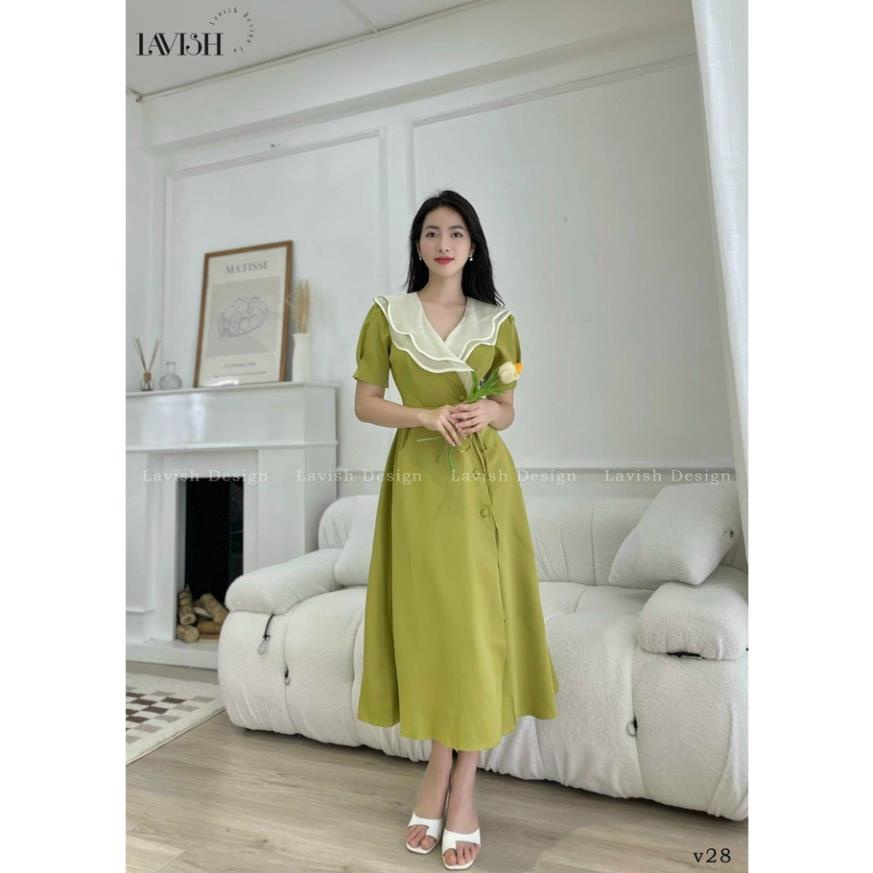 TTL Đầm tiểu thư xanh bơ cổ sen bèo phối v voan tơ chéo vạt tà thắt nơ eo công sở dịu dàng
