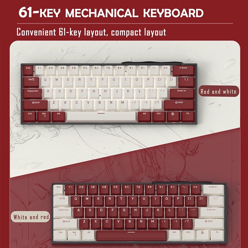 Ajazz K610T 61 phím Bàn phím cơ không dây Three-Mode Mini Wireless Gaming Mechanical Keyboard White Backlight Anti-ghosting Bluetooth Keyboard for PC