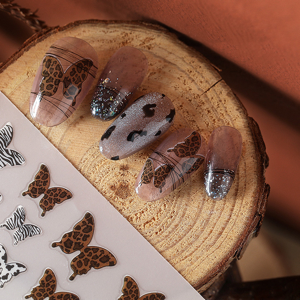 FALLFORBEAUTY Japanese 3D Nail Art Stickers Black Series Adhesive Decal Leopard Butterfly Print Nails Design Manicure Women Girls Ins Style DIY Nail Art Decoration