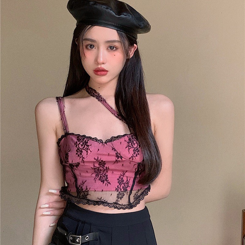 Áo croptop nữ không tay có dây chéo vai phối ren thời trang