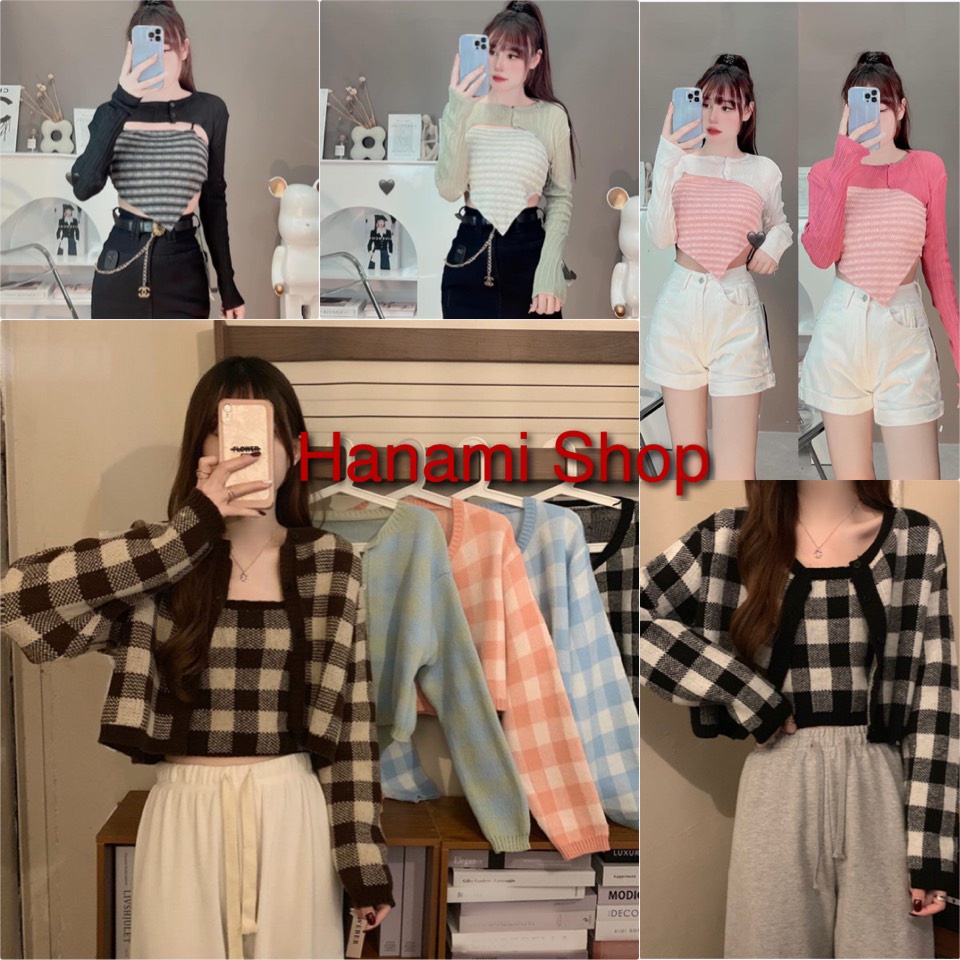 Set Đồ Nữ Gồm Cardigan Len Croptop Kèm Áo 2 Dây Họa Tiết Kẻ