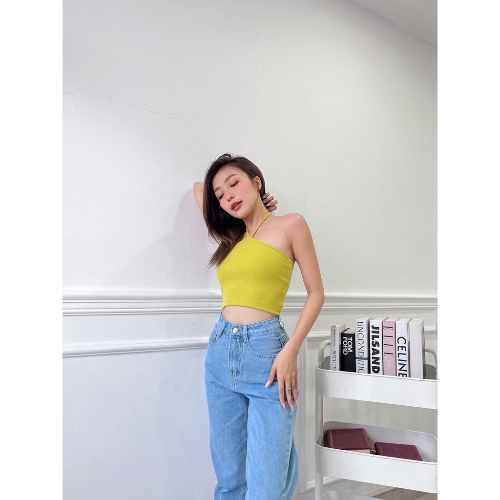 Áo Croptop Nữ Cổ Yếm Cột Dây Hoa Nhí FreesizeThun Gân LA BOUTIQUE LA11