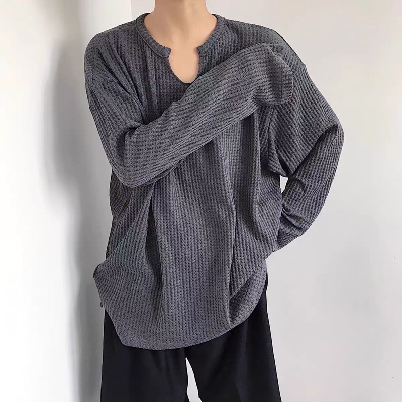 Áo Sweater Xẻ Cổ Dài Tay Chất Len Tổ Ong , Áo Nỉ Cổ Tròn Nữ