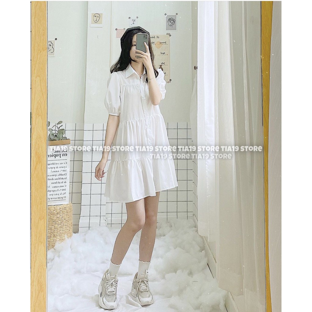 Đầm Sơ Mi Trắng Nữ Cộc Tay Cúc Cài 3 Tầng 🦋 Váy Babydoll Nữ Tay Lỡ Dáng Lửng Bo Chun Xòe 🦋