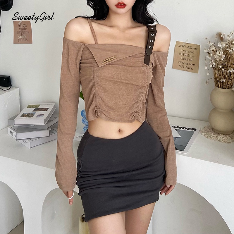 Áo Thun Kaki Tay Dài Hở Vai Dáng Ôm Màu Trơn Thời Trang 2022 Dành Cho Bạn Nữ