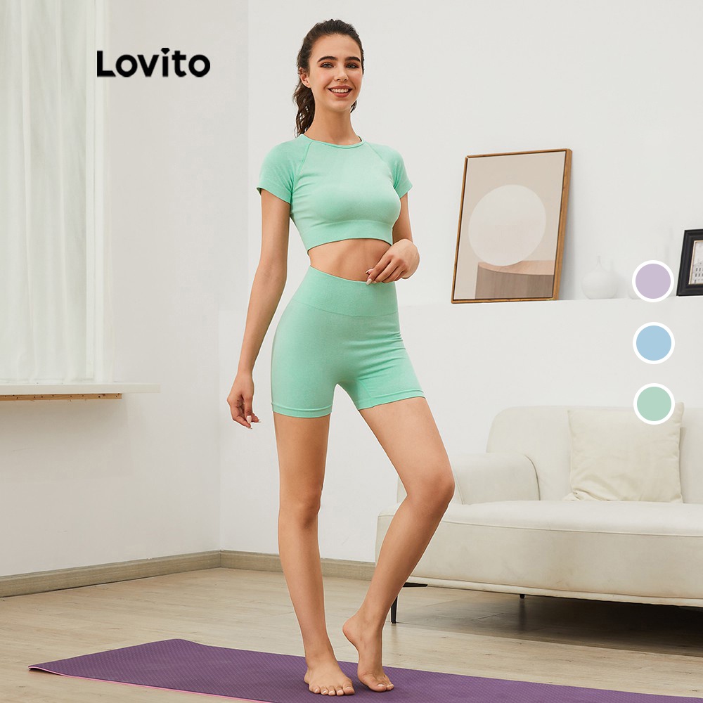Set đồ thể thao Lovito L03015 ôm dáng cổ tròn màu xanh lá ngọt ngào（Xanh lá cây/Xanh lam/Tím）