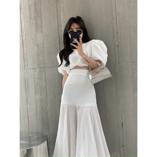 Set áo croptop tay bồng + chân váy đuôi cá dài 3 màu chất xốp ô dày dặn
