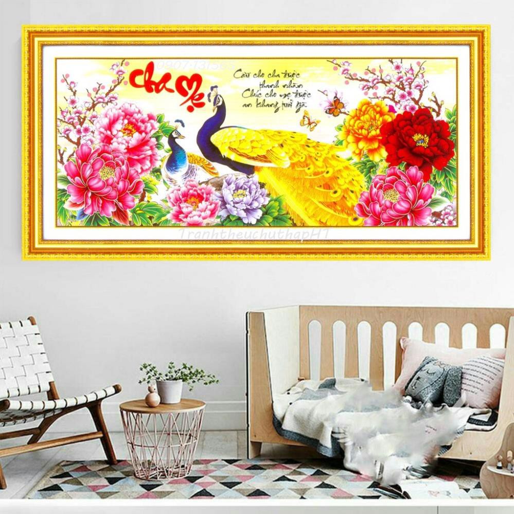 - Tranh đính đá- Tranh thêu chữ thập Cha mẹ 109x50Cm- tự thêu NCS-NGỌC CHÂU SHOP