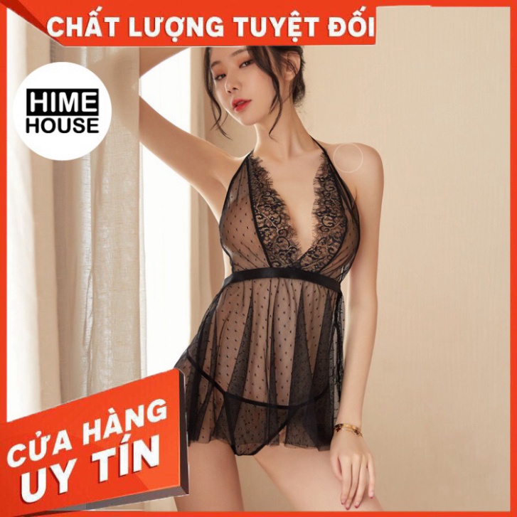 Đồ ngủ sexy váy hai dây chấm bi xuyên thấu kèm quần chip gợi cảm quyến rũ 8070 - SIÊU HOT
