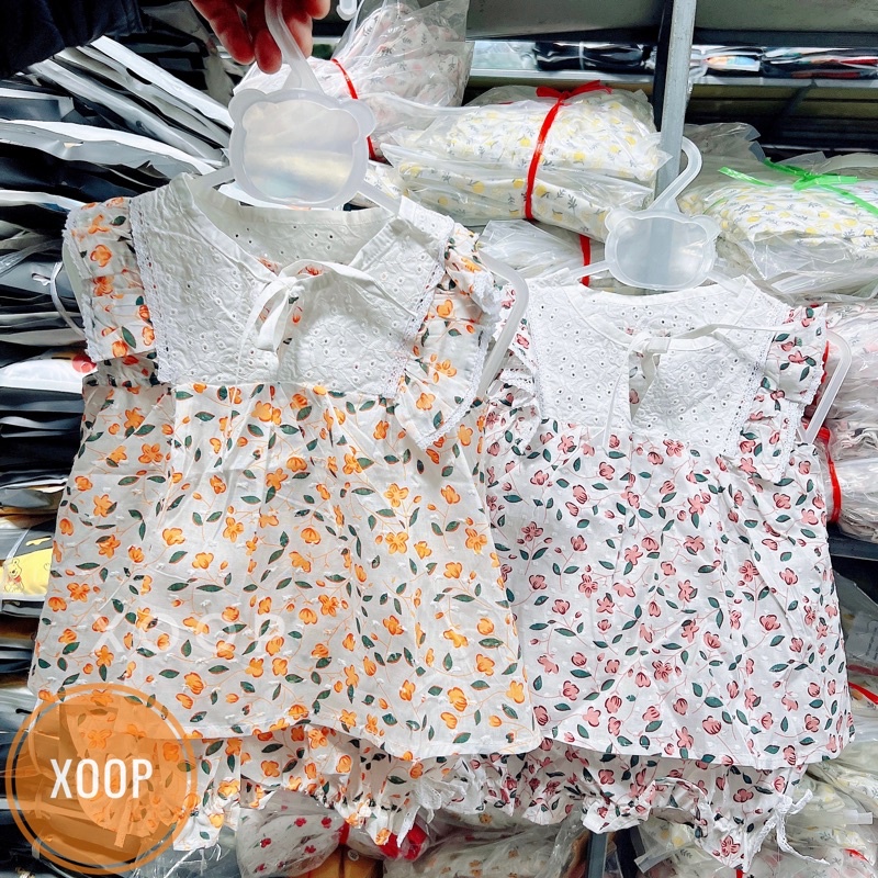 Bộ cộc thô mềm hạt nảy  phối ren trắng hoa tím vàng cho bé gái (8-18kg)