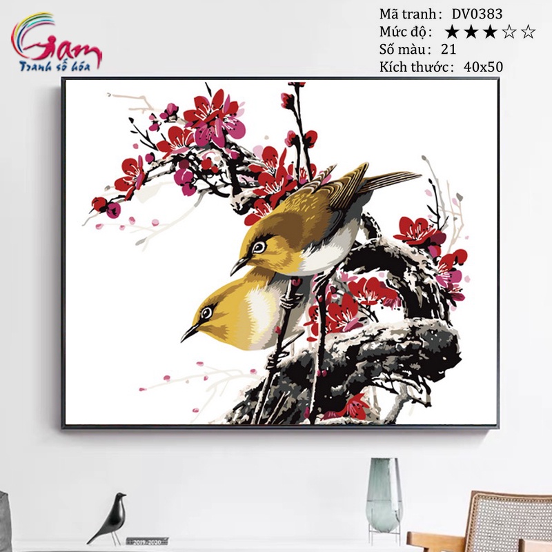 Tranh tô màu theo số đôi chim hoa đào căng khung 40x50cm DV0383