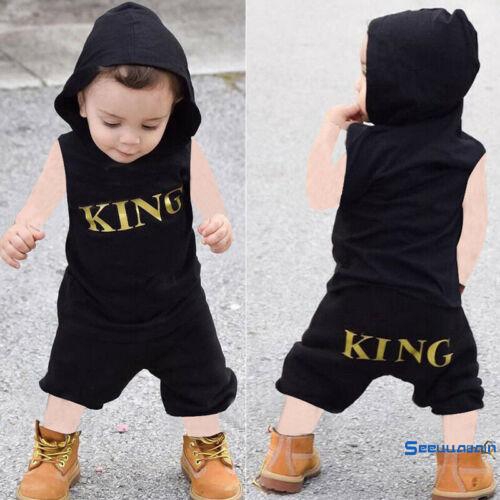 Set áo ba lỗ có nón và quần lửng in chữ "KING" dễ thương cho bé trai