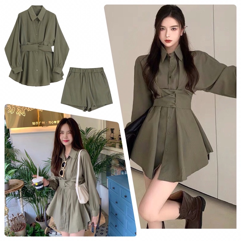 ♤ஐVáy sơmi eo bó cách điệu + Quần short cùng mẫu xanh rêu
