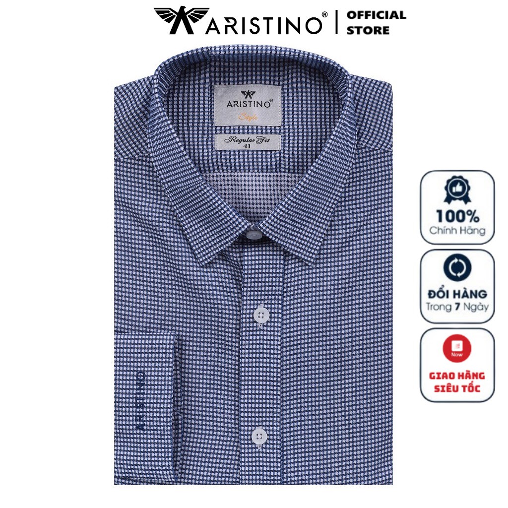 Áo Sơ Mi Nam Tay Dài Aristino ALS51507 Màu Xanh Đậm Dobby Kiểu Dáng Regular Fit Chất Liệu Sợi Tre