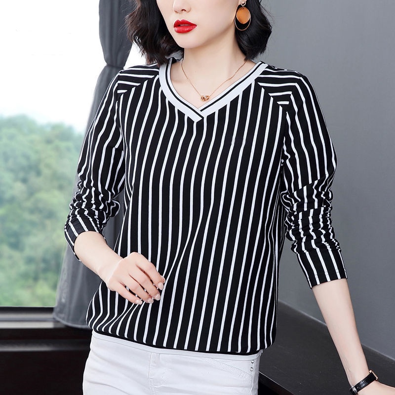 Áo Thun Tay Dài Cổ Chữ V Dáng Rộng Kẻ Sọc Dễ Phối Đồ Thời Trang Cho Phụ Nữ Trung Niên