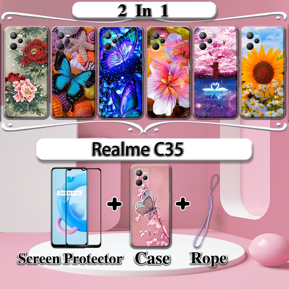 Ốp Điện Thoại Kính Cường Lực 2 Trong 1 Viền Cong Cho Realme C35