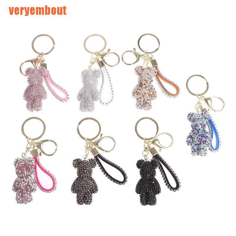 Móc Chìa Khóa Bằng Da Đính Đá Hình Gấu Đáng Yêu