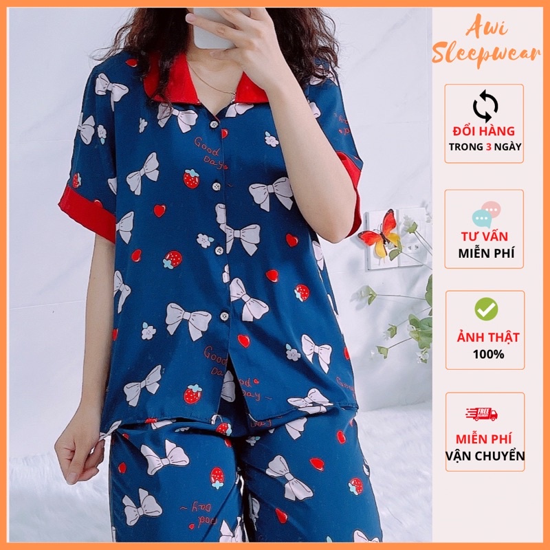 Bộ Pyjama Tay Ngắn Quần Dài Cổ Sen Lụa Mango Vic - Awi Pyjama