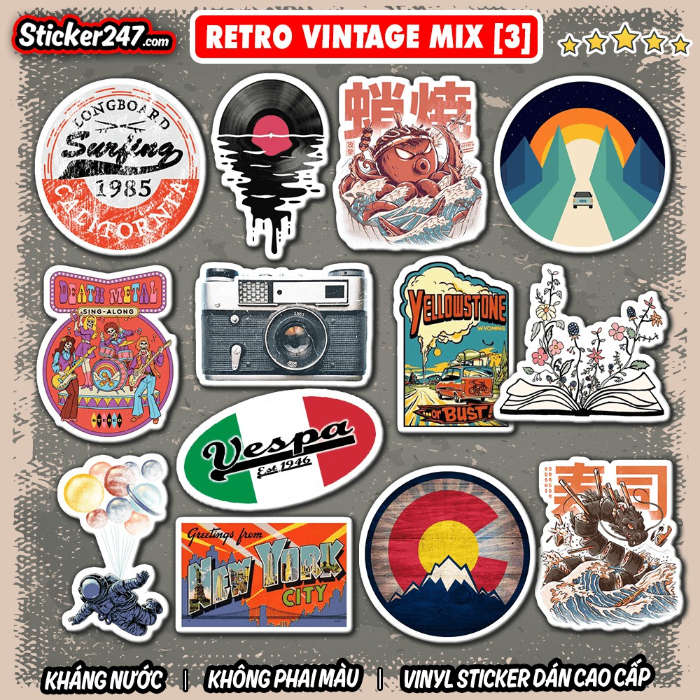 Sticker Retro Vintage Mix chủ đề [3] 𝑭𝒓𝒆𝒆𝒔𝒉𝒊𝒑 chống nước, hình decal dán laptop, ipad, mũ bảo hiểm,vali, guitar, ipad