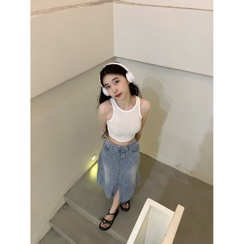 Chân Váy Bò Dáng Dài Cạp Cao Phong Cách Hàn Quốc - Chân Váy Jean Chữ A Xẻ Tà Sau Cá Tính