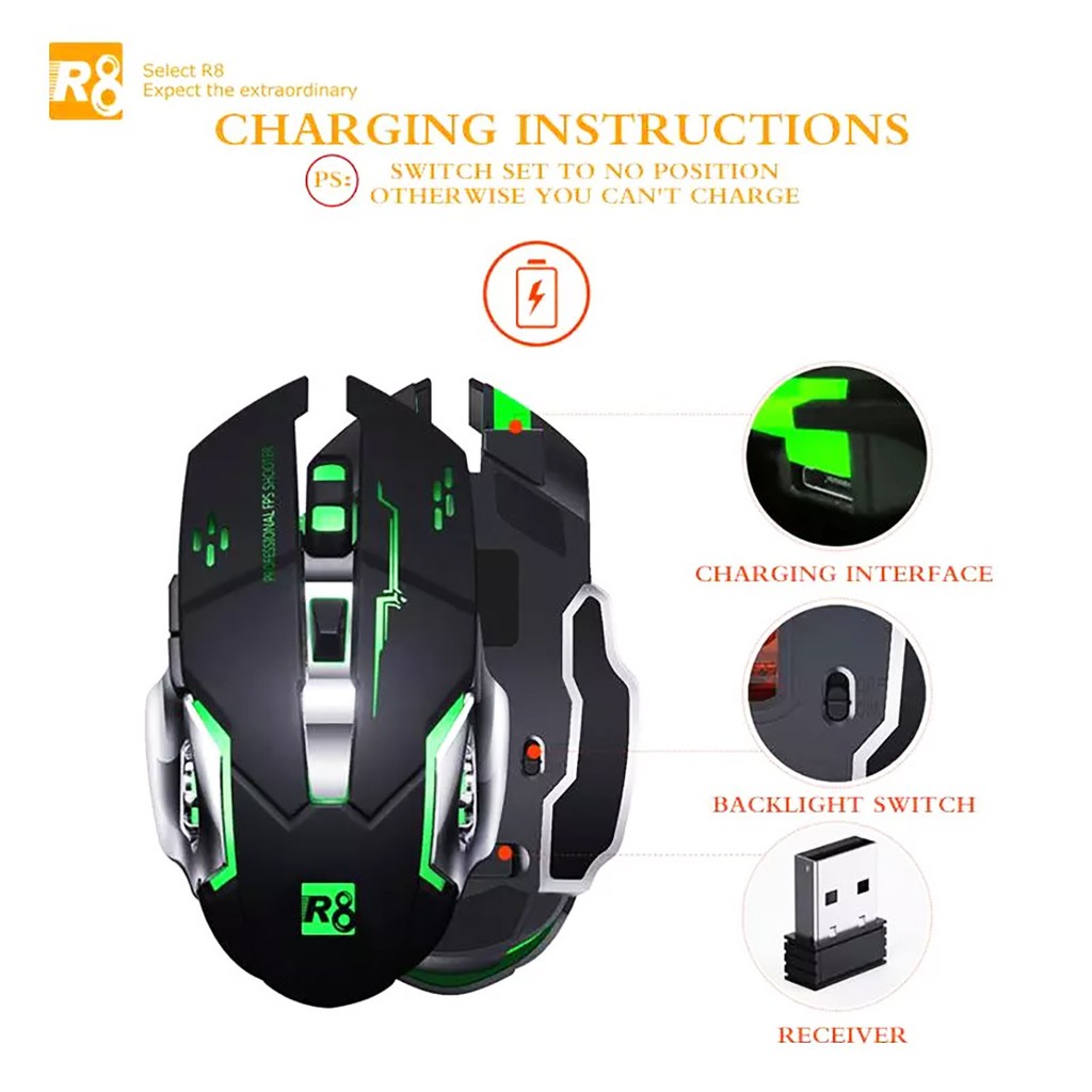 Chuột Gaming Không Dây Cao Cấp R8 1710A | Led 7 màu tự chuyển - AT