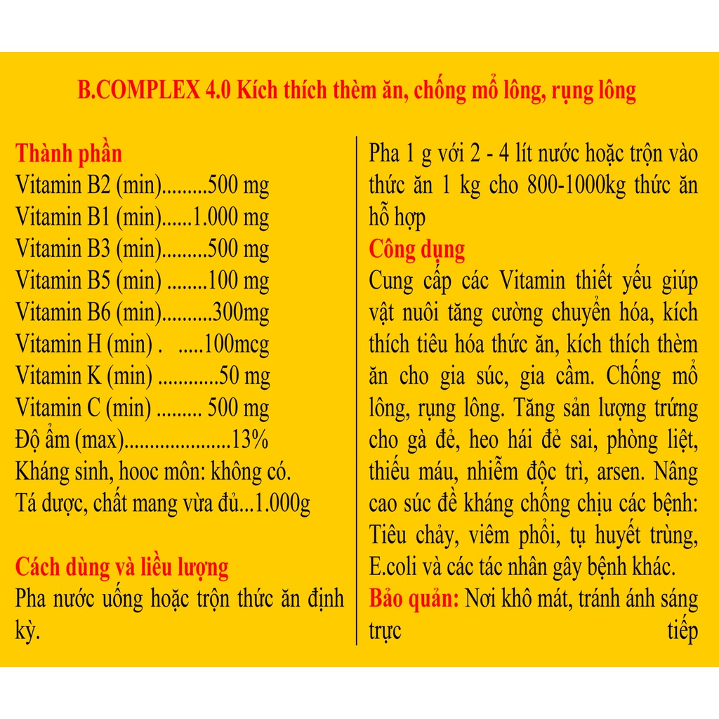 1kg B.COMPLEX 4.0 Kích thích thèm ăn, chống mổ lông, rụng lông