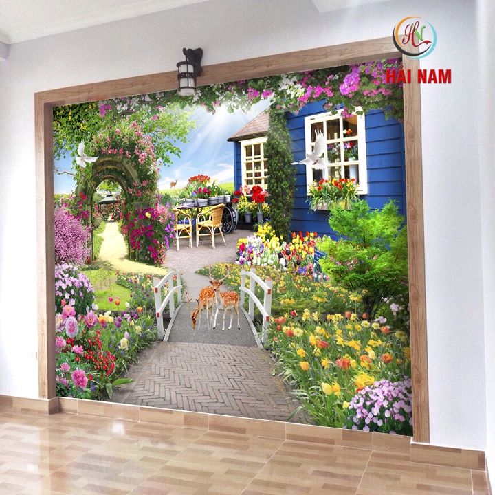 Tranh dán tường 3D phong cảnh vườn hoa - tranh vườn hoa 3D- tranh 3D phòng khách - kích thước theo y