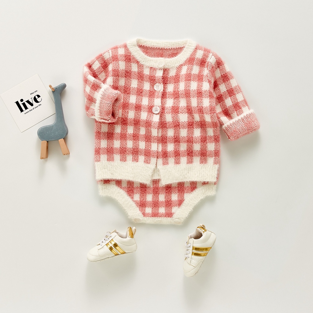 Áo liền quần/Áo cardigan kẻ sọc caro xinh xắn cho bé gái