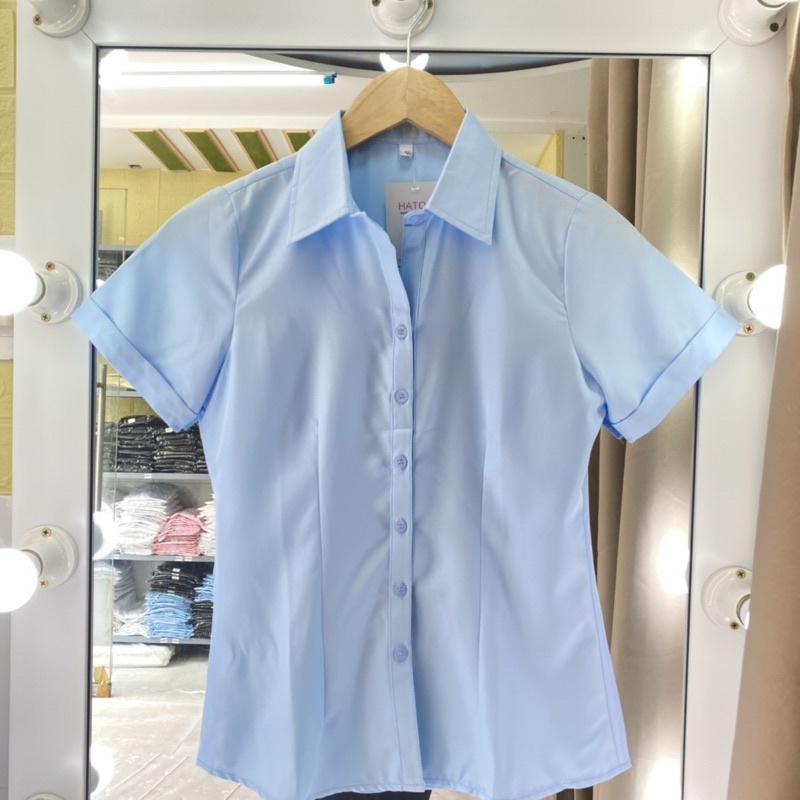 Áo sơ mi nữ tay ngắn HATOP cao cấp vải cotton loại 1 màu xanh ASXN213