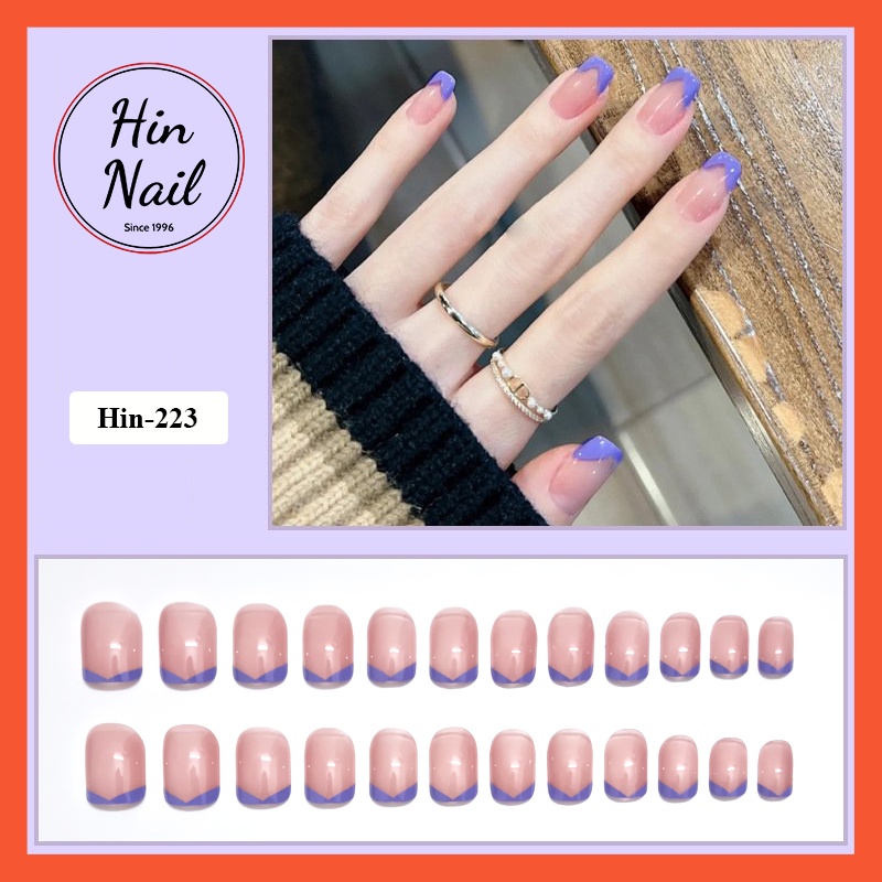 Móng tay giả nail box 24 móng form ngắn tone hồng kẻ đầu xanh tím