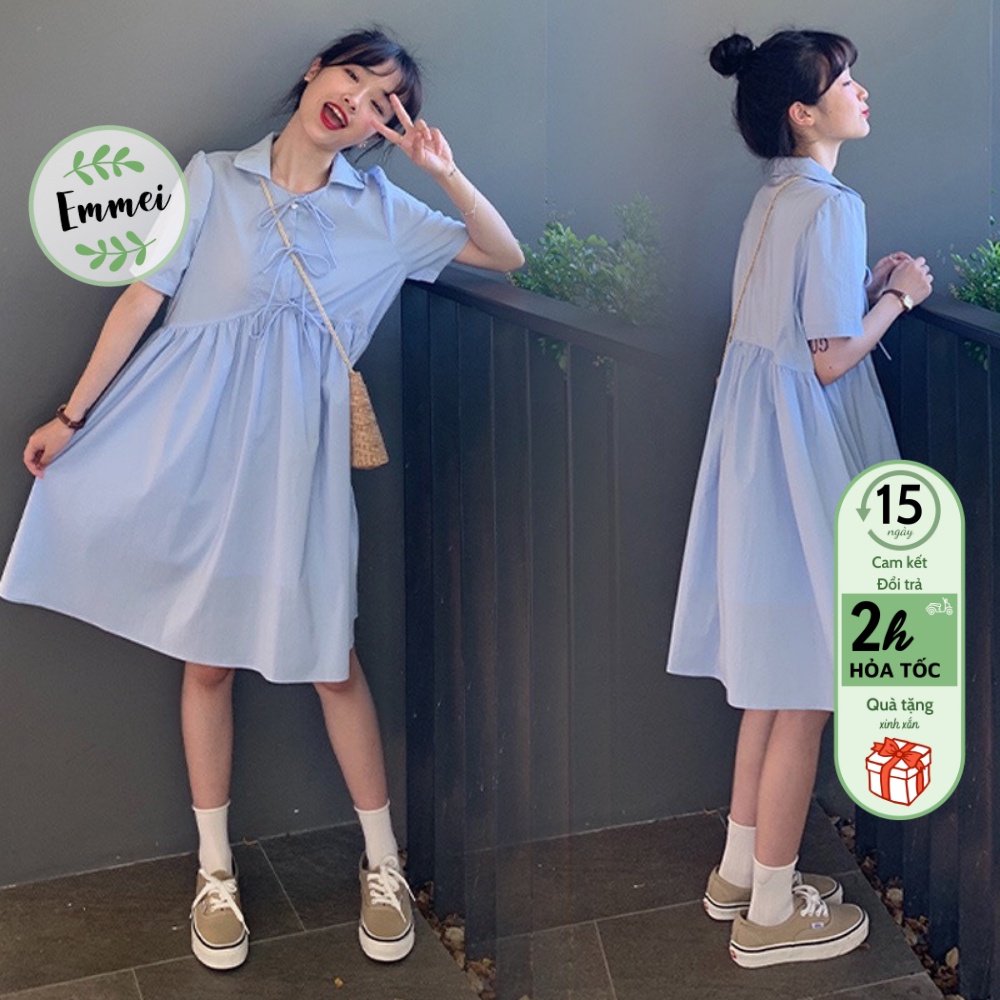 Váy babydoll nữ dáng dài, đầm babydoll trắng xanh thắt nơ xinh đẹp V44 thời trang nữ emmei