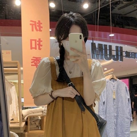 Set Áo Sơ Mi Dài Tay + Đầm Yếm Dài Qua Gối Phong Cách Preppy Mùa Hè Cho Nữ