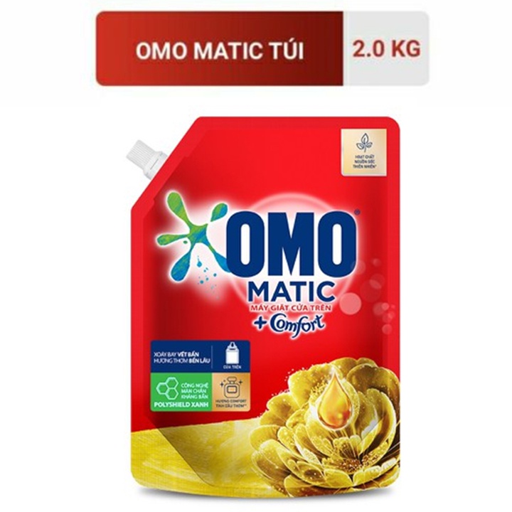 Nước giặt OMO Matic Comfort hương Tinh dầu thơm cho máy giặt cửa trên, xoáy bay vết bẩn, hương thơm bền lâu, túi 2kg