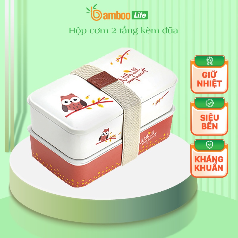 Hộp cơm 2 tầng kèm đũa làm từ sợi tre hiệu Bamboo Life BL174 phong cách Nhật, an toàn, tiện dụng, dễ dàng mang đi học