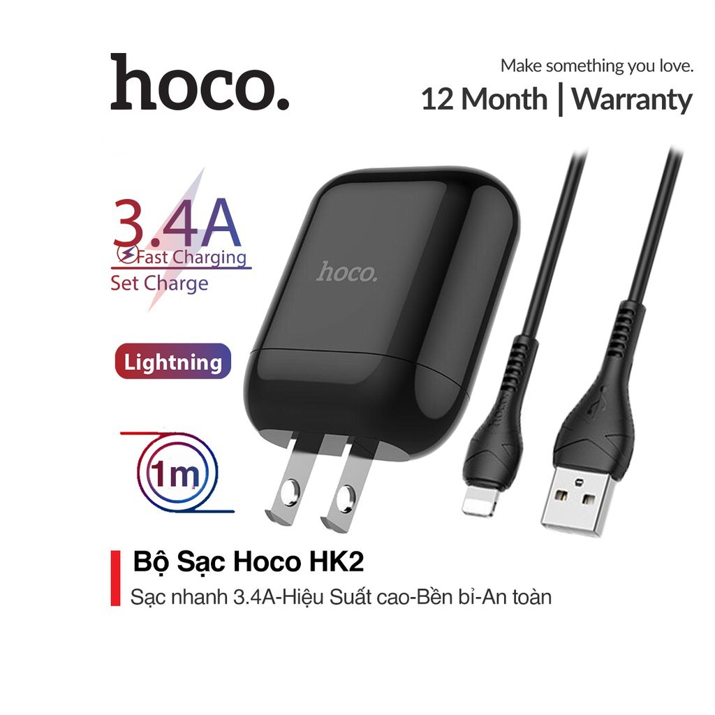 Bộ sạc nhanh 3.4A Hoco HK2 chất liệu nhựa ABS chống cháy tốt kèm dây cáp Lightning dài 1M cho iPhone/iPad